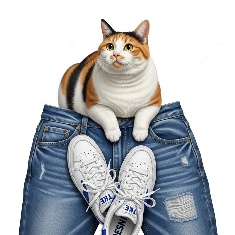 Chubby Calico Cat on Faded Denim Jeans and Sneakers Chubby Calico Cat on Faded Denim Jeans and Sneakers