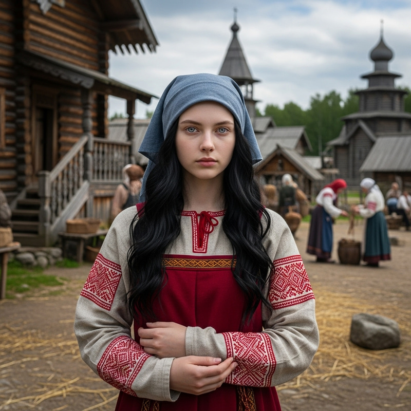 14-Year-Old Girl with Black Wavy Hair and Pale Blue Eyes in Ancient Russian Setting 14-Year-Old Girl with Black Wavy Hair and Pale Blue Eyes in Ancient Russian Setting