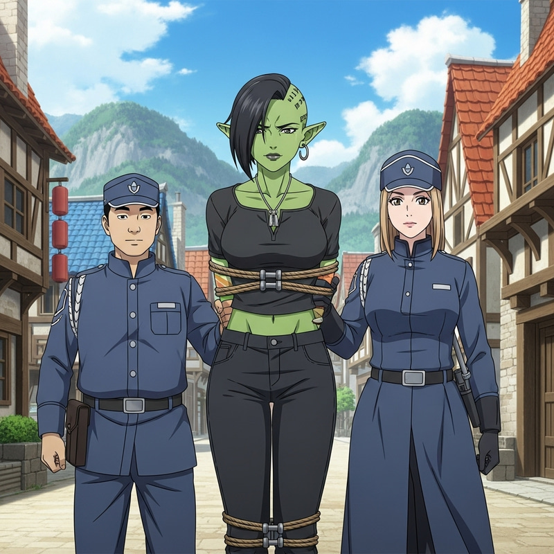 Anime Half-Orc Arrest Scene Illustration