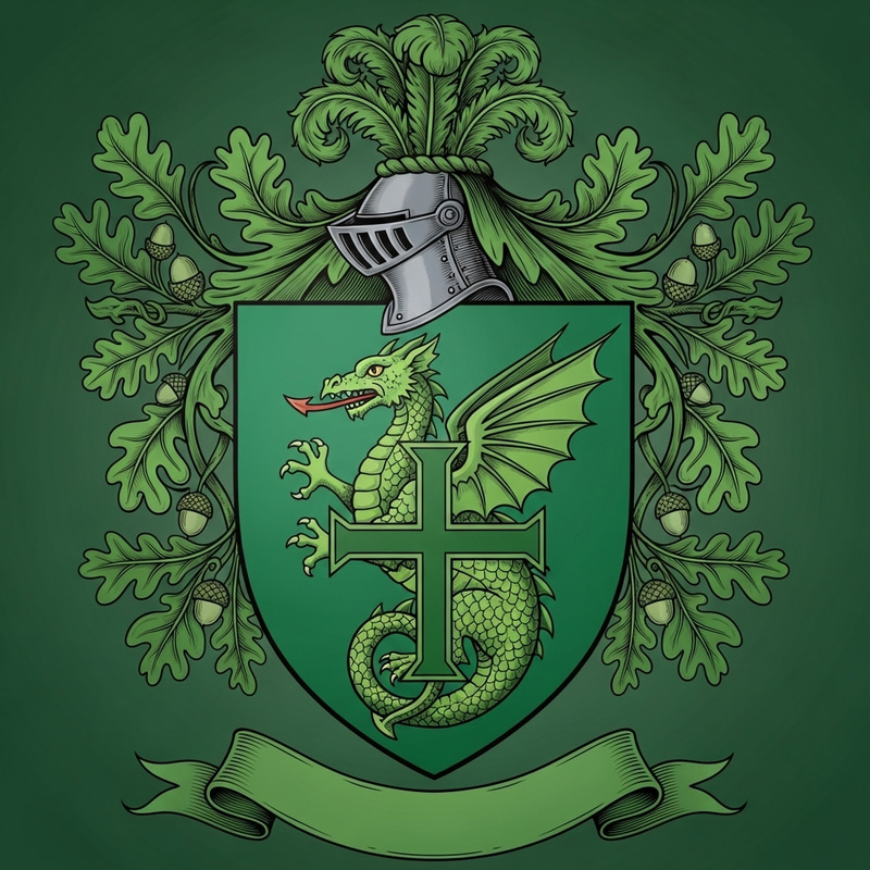 Drawing Style Green Coat of Arms with Friendly Dragon Drawing Style Green Coat of Arms with Friendly Dragon