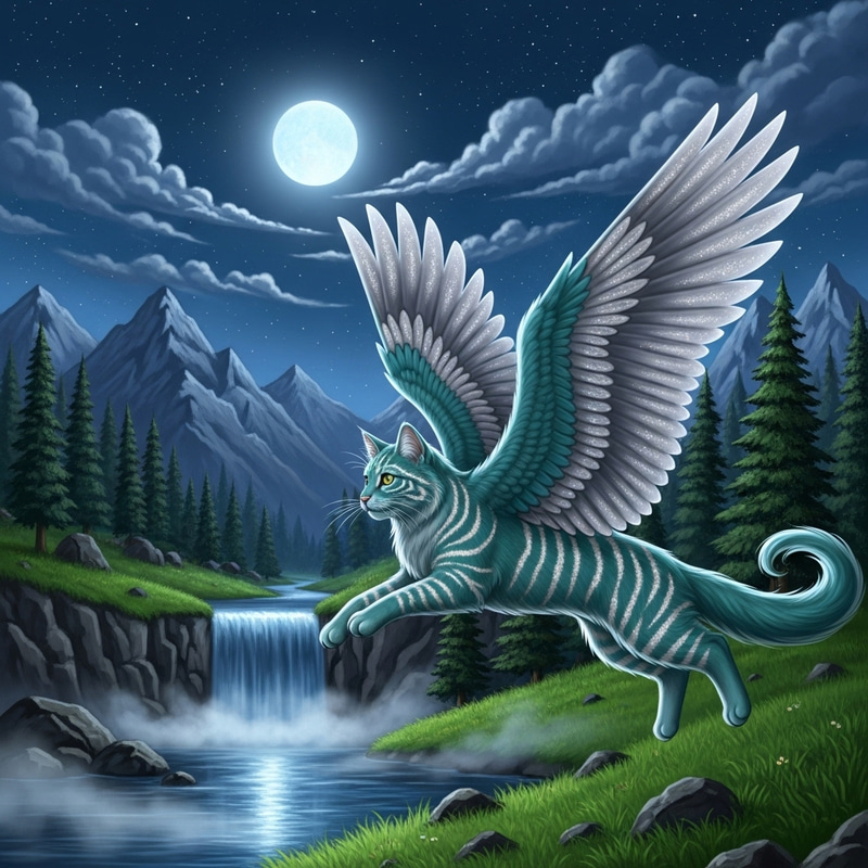 Majestic Teal Cat Soaring Through Whimsical Forest Landscape Majestic Teal Cat Soaring Through Whimsical Forest Landscape