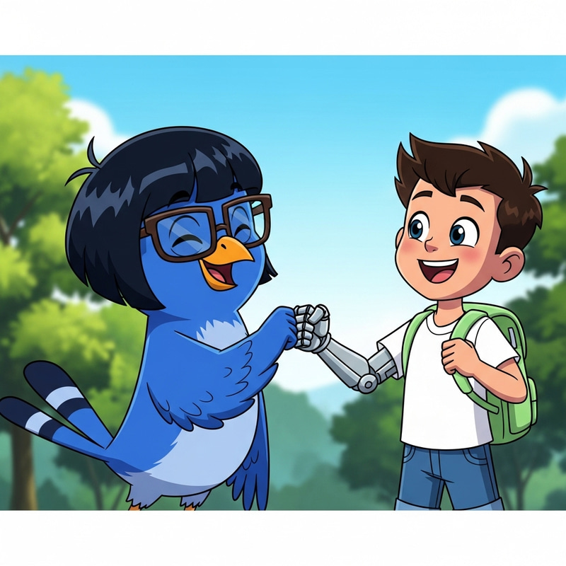 Animated Bird and Robot-Armed Boy Fist-Bumping Joyously Animated Bird and Robot-Armed Boy Fist-Bumping Joyously