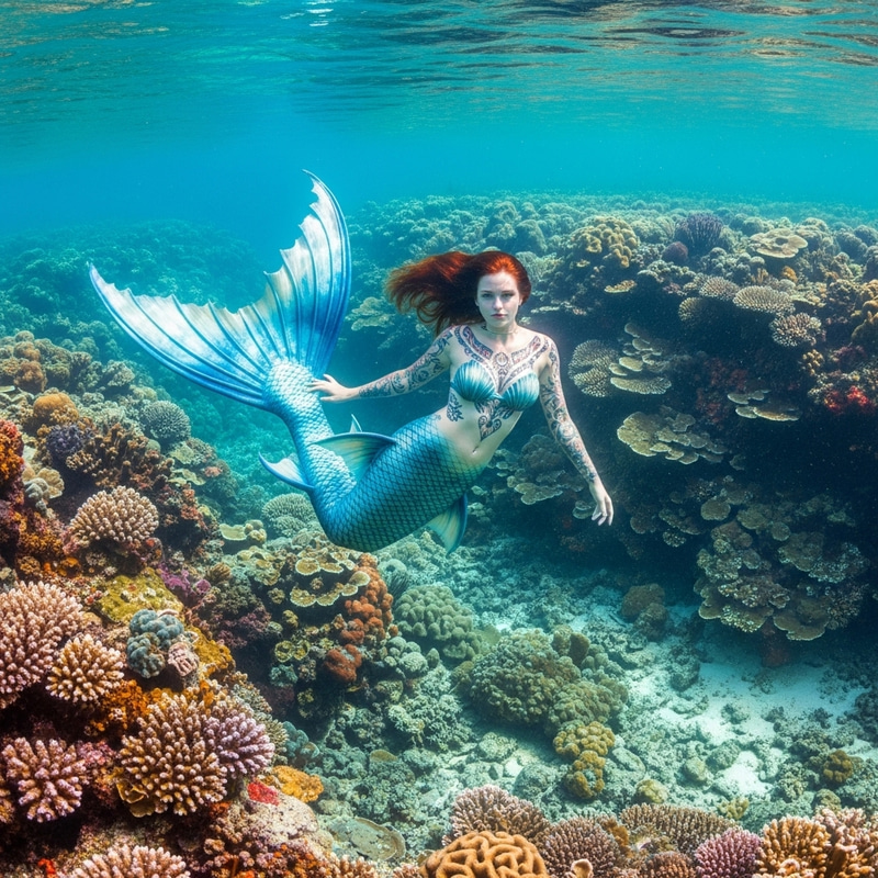 Enchanting Red-Haired Mermaid Tattoos in Clear Waters