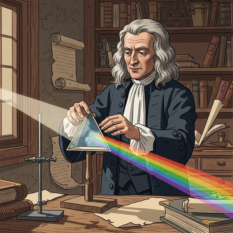 Isaac Newton Creating Rainbow with Prism