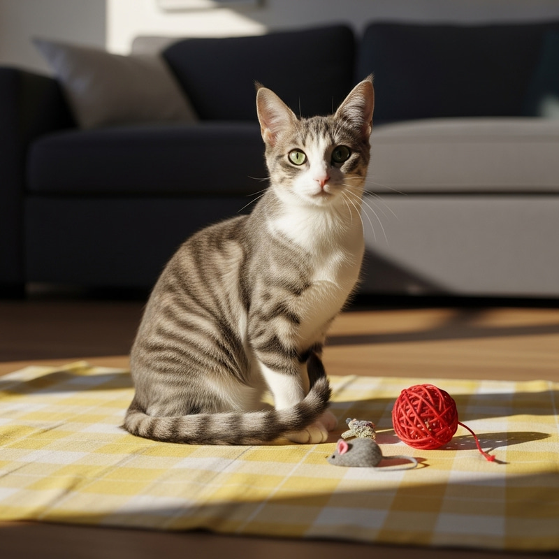 Cute Green-Eyed Domestic Shorthair Cat Playing Happily