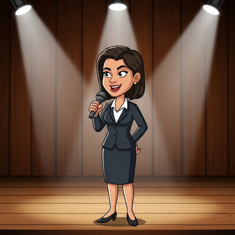 Female School Principal Speaking on Stage (Cartoon)
