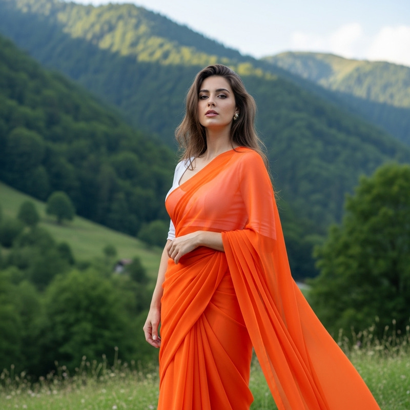 Stunning Slim Woman in Orange Chiffon Saree