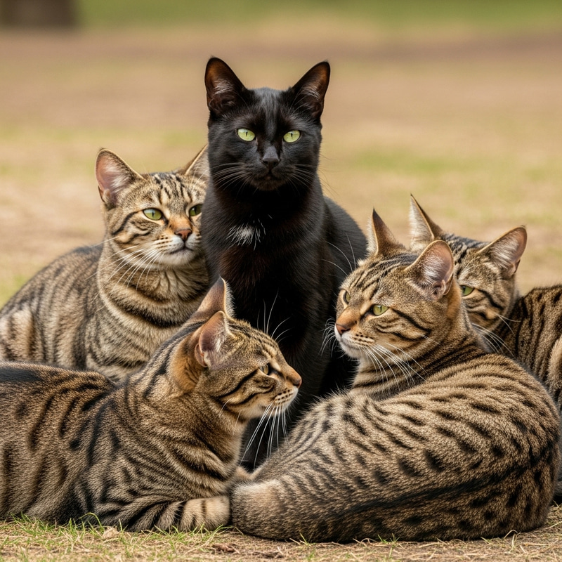 Majestic Black Cat with Four Brown Cats in Stripes