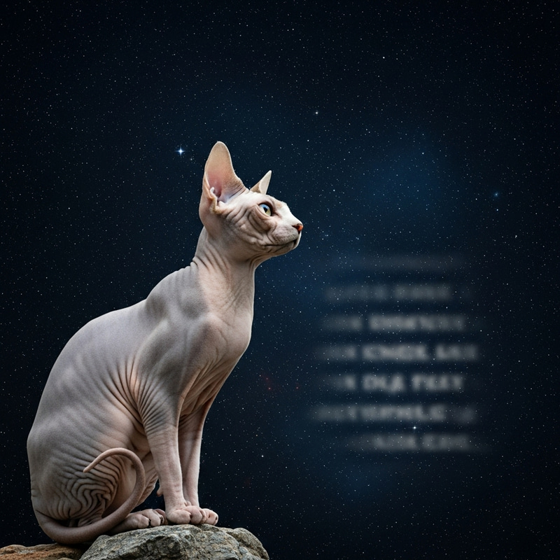 Sphinx Cat Among Stars | Celestial Gaze and Mysterious Script