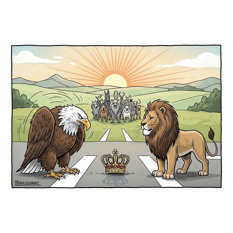 Symbolic Political Cartoon: Eagle and Lion at Crossroads Symbolic Political Cartoon: Eagle and Lion at Crossroads