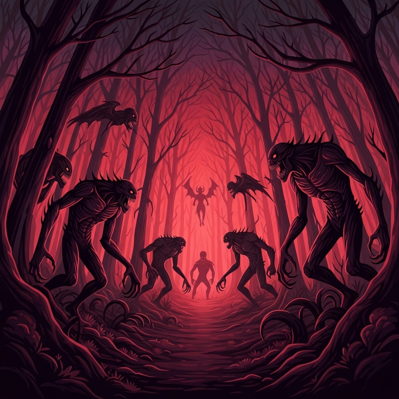 Eerie Forest of Monstrous Creatures - Horror Art