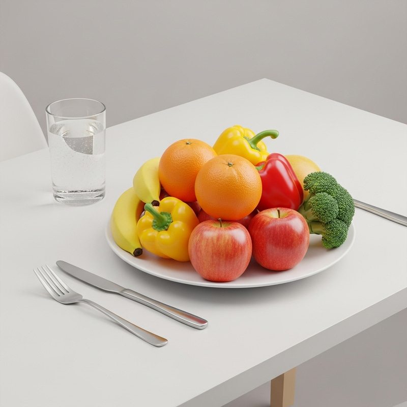Minimalist Healthy Eating: Simple Table Set-Up with Colorful Fruits & Vegetables
