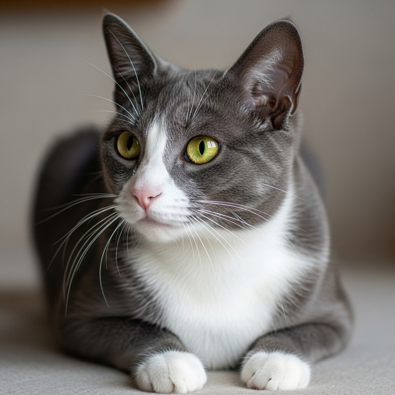 Grey Cat with Yellow Eyes and Unique White Fur Accents Grey Cat with Yellow Eyes and Unique White Fur Accents
