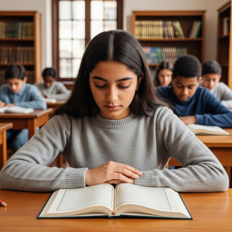 Young Student Reading Holy Quran at School Young Student Reading Holy Quran at School