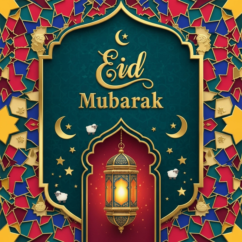 Joyful Eid Mubarak Cards with Arabic Lantern Design