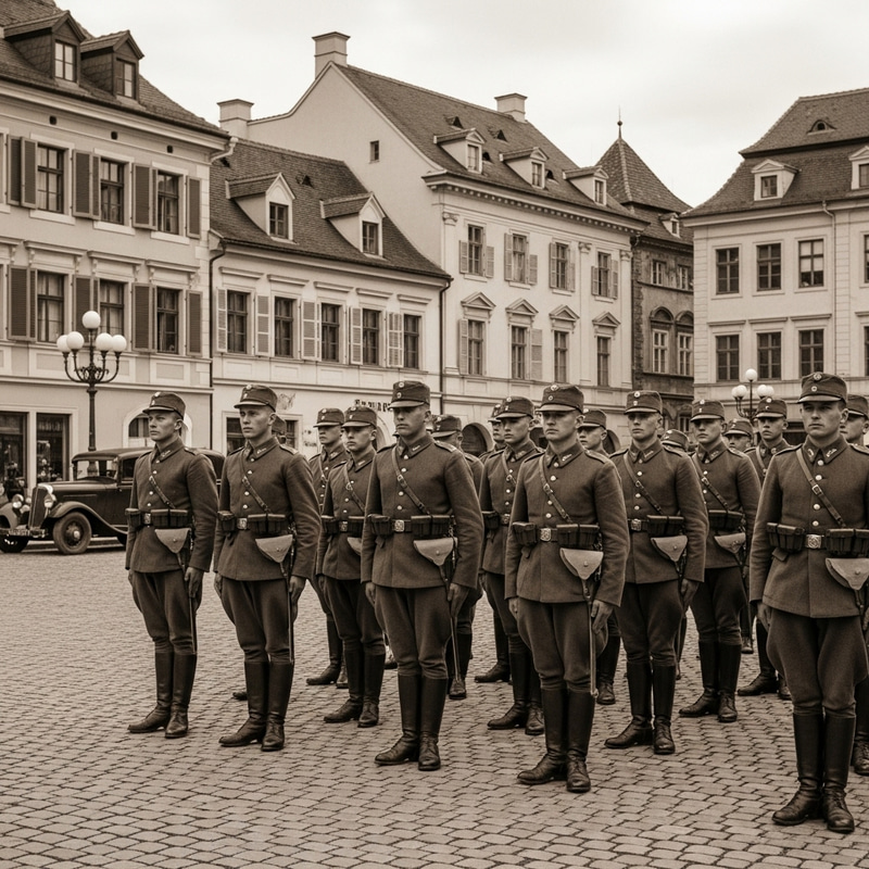 1930s German Military Uniform Details Image | European Town Background