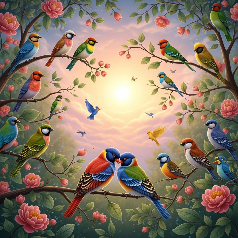 Colorful Birds Creating a Romantic Nature Scene Colorful Birds Creating a Romantic Nature Scene