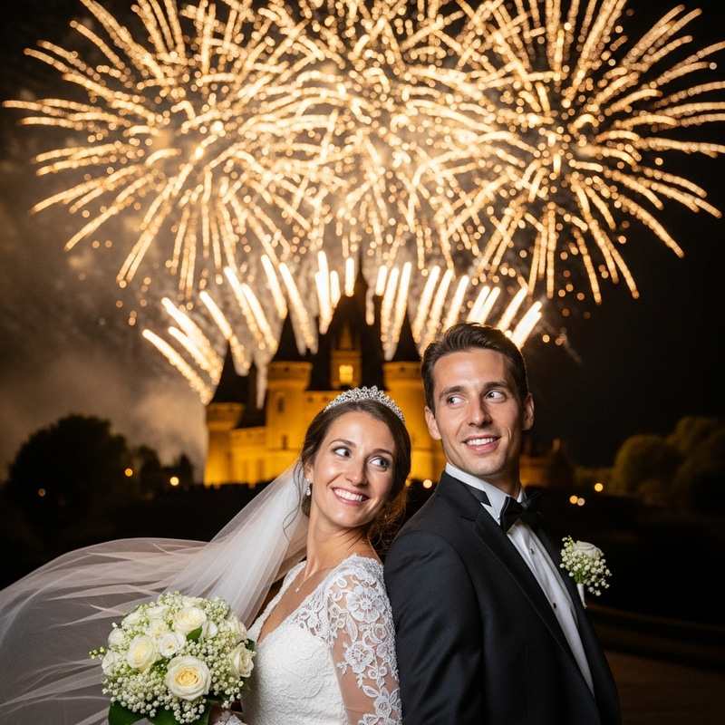 French Bride and Groom at Castle with Spectacular Gold Fireworks Display French Bride and Groom at Castle with Spectacular Gold Fireworks Display