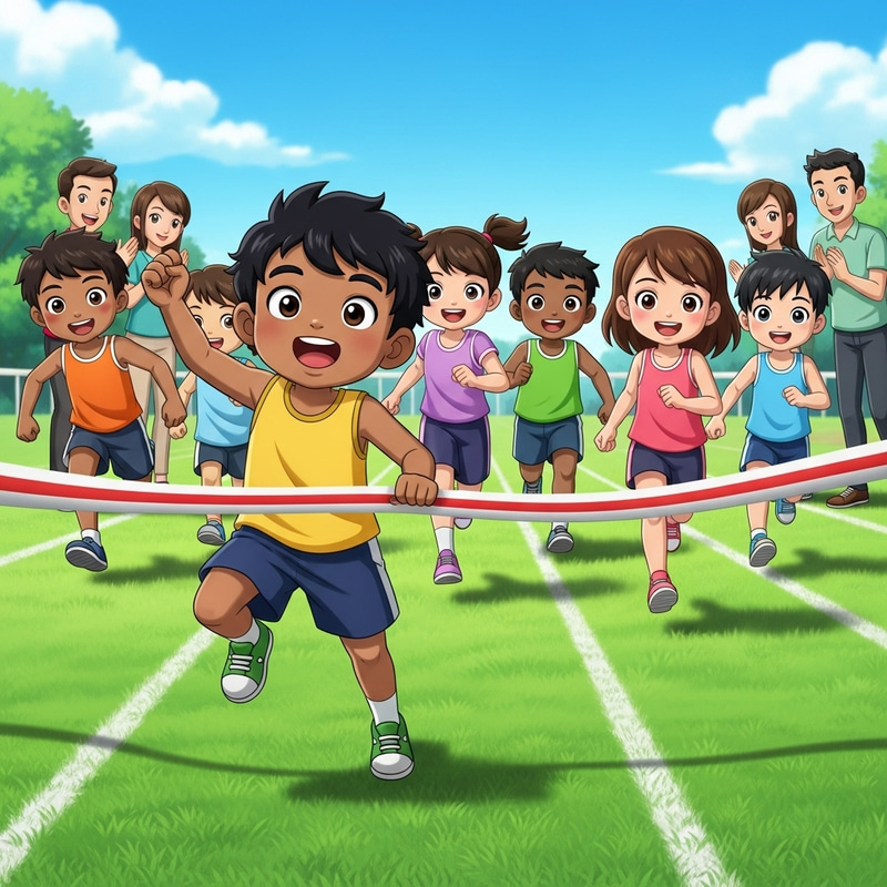 Animated Diverse Kids Foot Race: 5-Year-Old Breaks Tape First