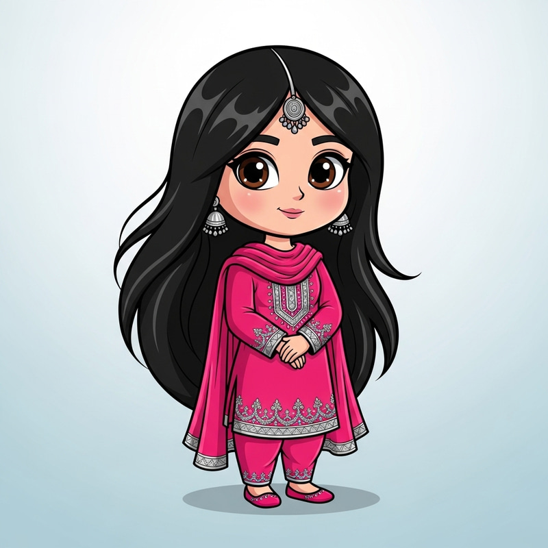 Cute Animated Girl with Long Hair in Pink Shalwar Kameez
