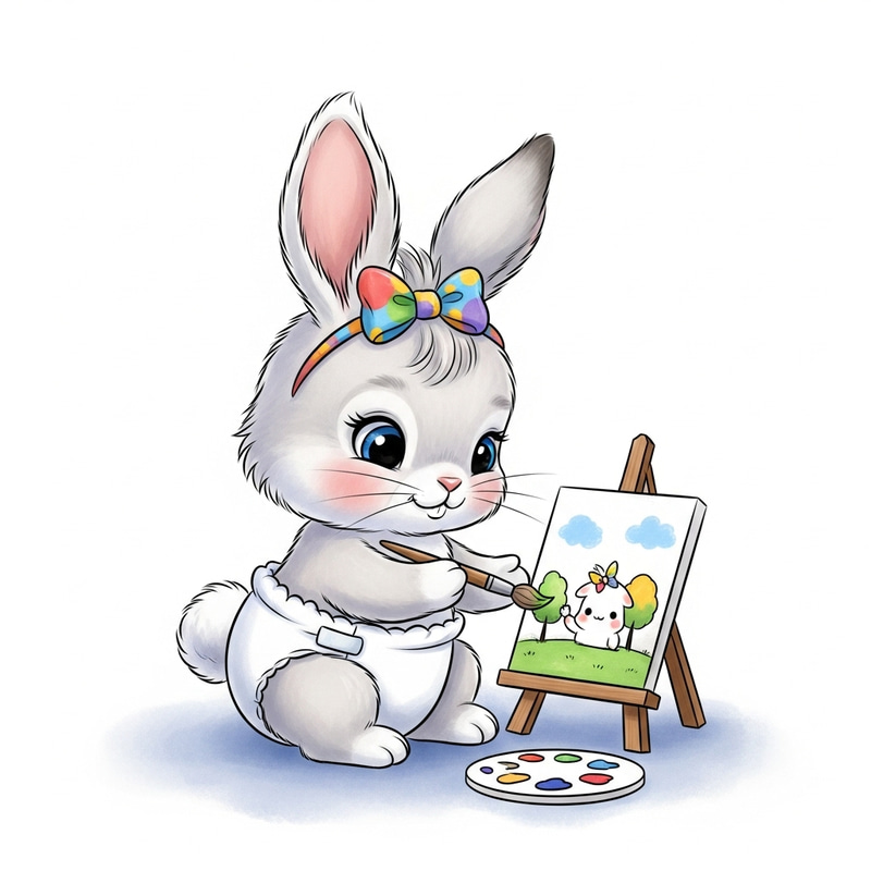 Cartoon Baby Rabbit in Hairbow Painting a Cute Picture Cartoon Baby Rabbit in Hairbow Painting a Cute Picture