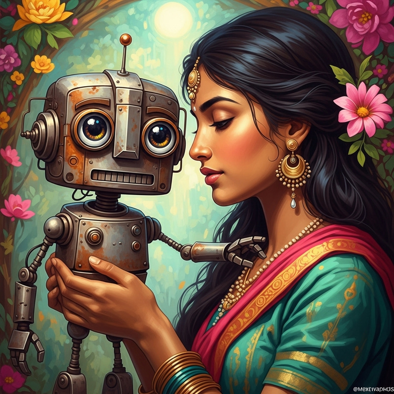 Whimsical Art: Woman with Charming Rusty Robot Whimsical Art: Woman with Charming Rusty Robot