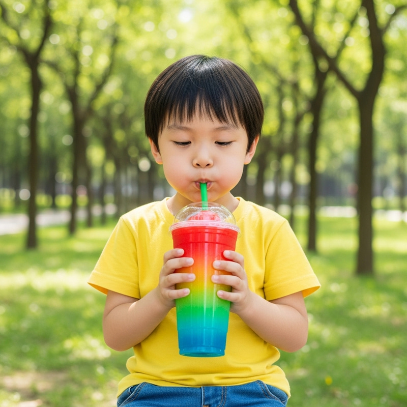 Chinese Kid Enjoying Colorful Slurpee in Park Chinese Kid Enjoying Colorful Slurpee in Park