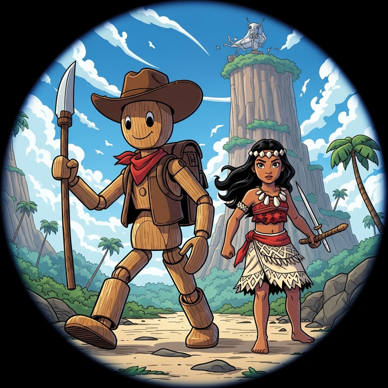 Woody and Moana Adventure in Vibrant Comic Book Style Woody and Moana Adventure in Vibrant Comic Book Style