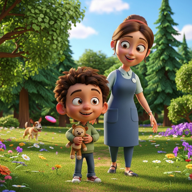 Playful Pixar-Style Animation: Boy and Caretaker in Park Scene Playful Pixar-Style Animation: Boy and Caretaker in Park Scene