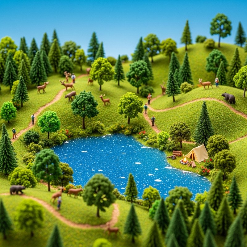 Miniature 3D Nature Scene with Trees, Lake, and Wildlife