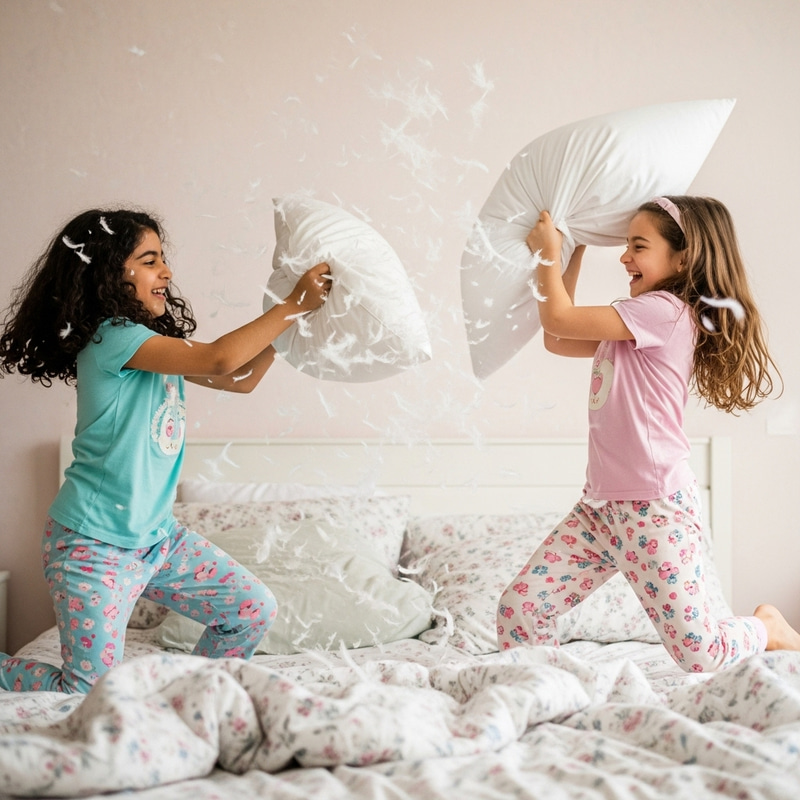 Dynamic Pillow Fight of Two Girls in Colorful Pajamas Dynamic Pillow Fight of Two Girls in Colorful Pajamas