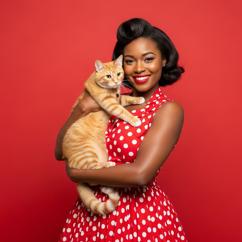 Happy Retro Style Woman Holding a Cat