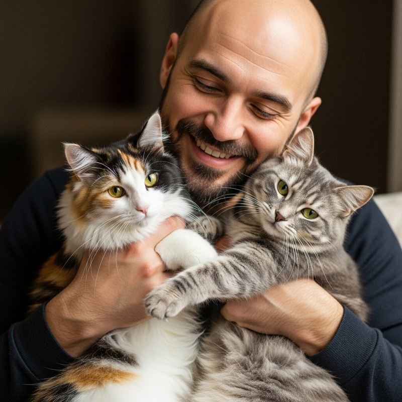 Bald Man Holding 2 Cats with Warm Smile Bald Man Holding 2 Cats with Warm Smile