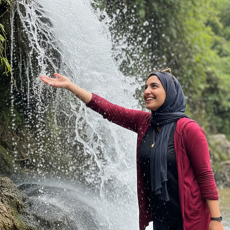 Young Middle-Eastern Woman Reaching Waterfall Joy Young Middle-Eastern Woman Reaching Waterfall Joy