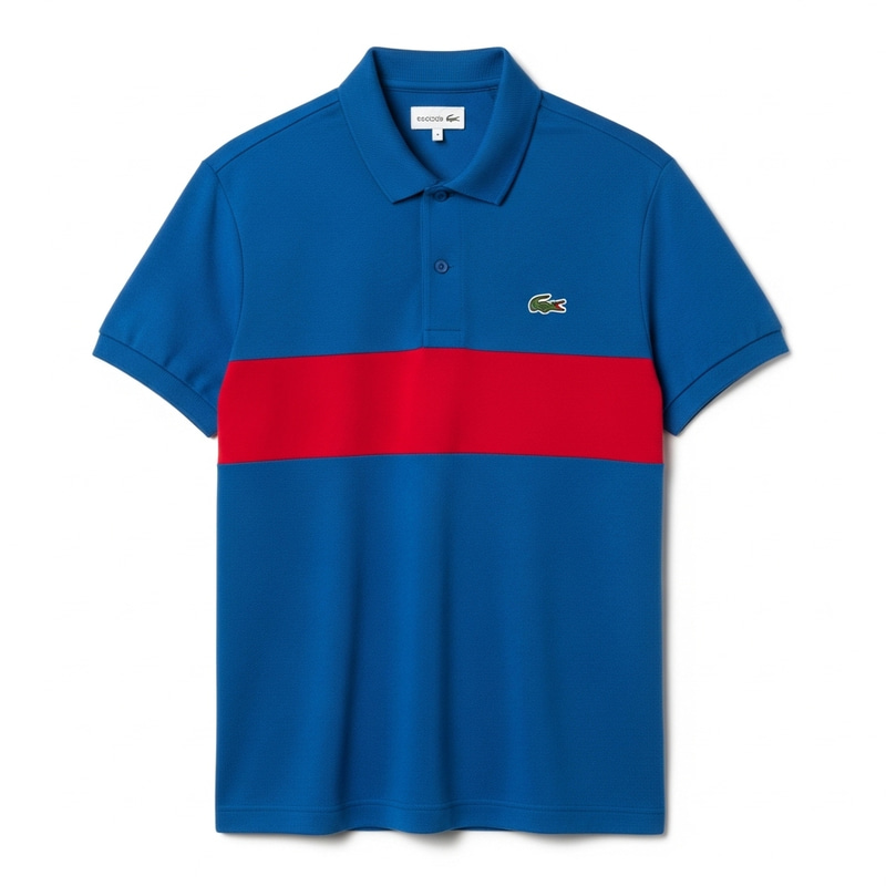 Blue Polo Shirt with Red Stripe & Crocodile Logo | Lacoste Style Blue Polo Shirt with Red Stripe & Crocodile Logo | Lacoste Style