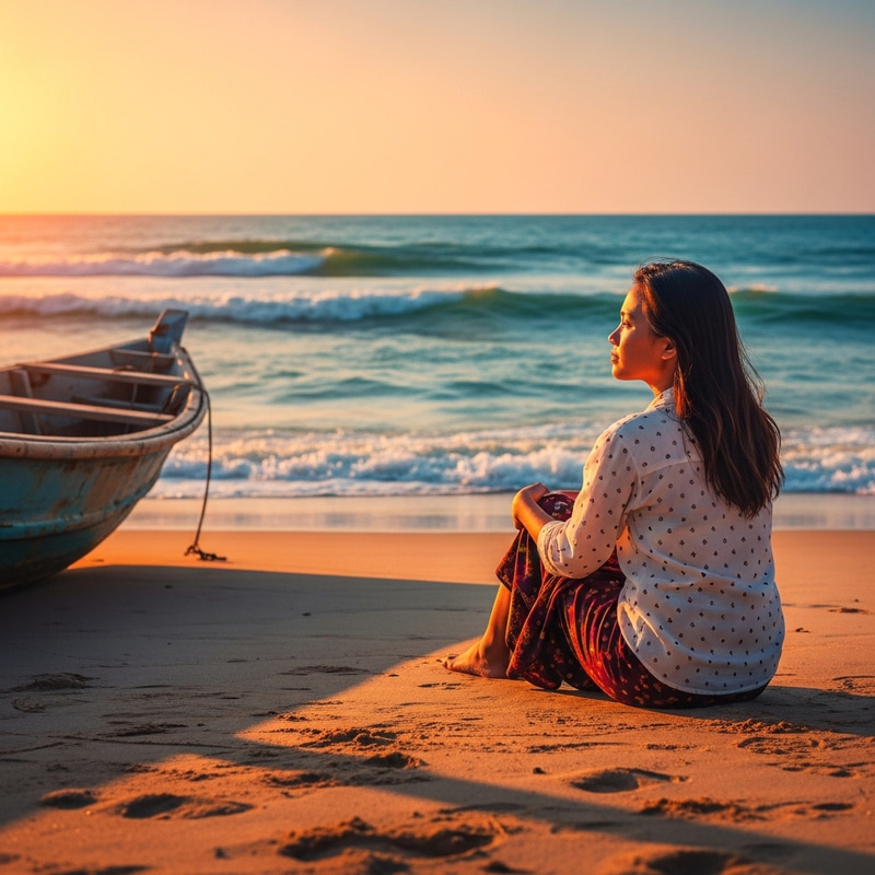 Beautiful Girl Relaxing by the Seashore at Sunset