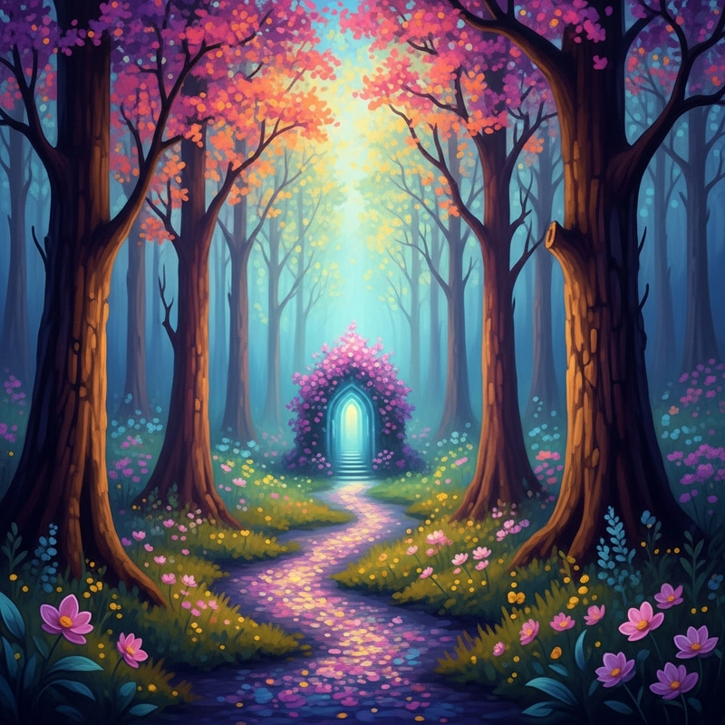 Enchanted Path: Impressionist Woodland Sanctuary in Vibrant Hues Enchanted Path: Impressionist Woodland Sanctuary in Vibrant Hues