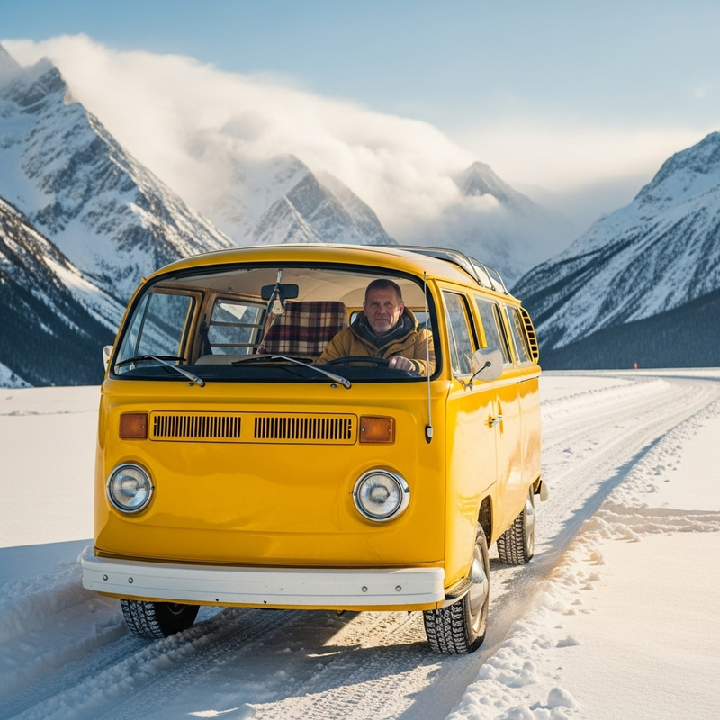 Camper Van Driving Through Snowy Mountains | Winter Adventure Views