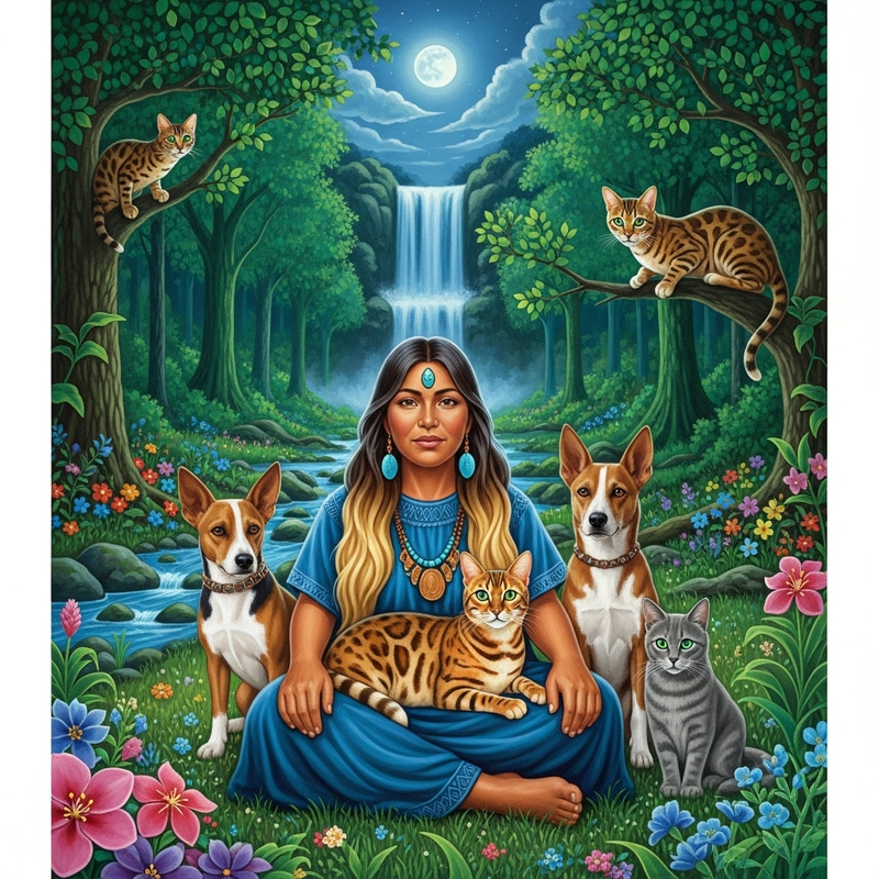 Enchanted Scene: Female Shaman with Bengal Cats in Lush Forest Enchanted Scene: Female Shaman with Bengal Cats in Lush Forest