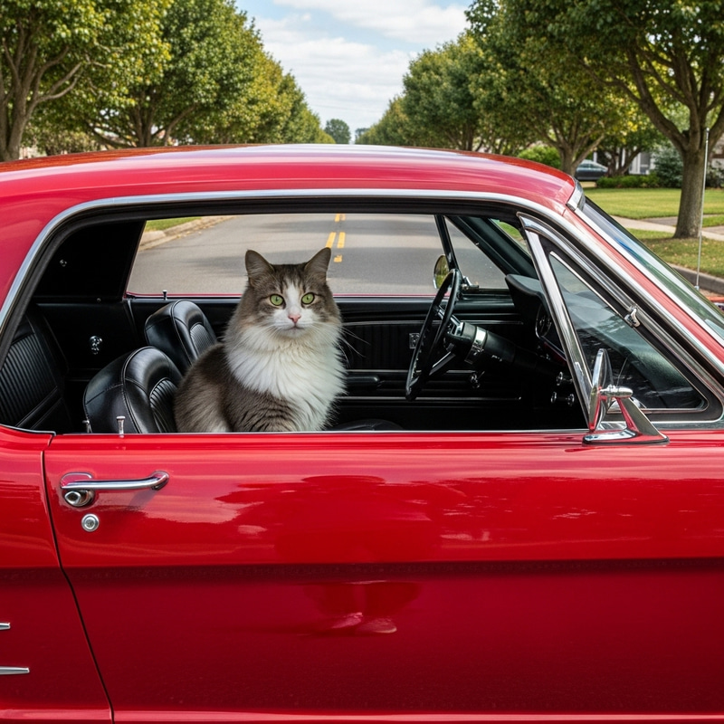 Adorable Cat Driving Vintage Mustang | Suburban Adventure Adorable Cat Driving Vintage Mustang | Suburban Adventure