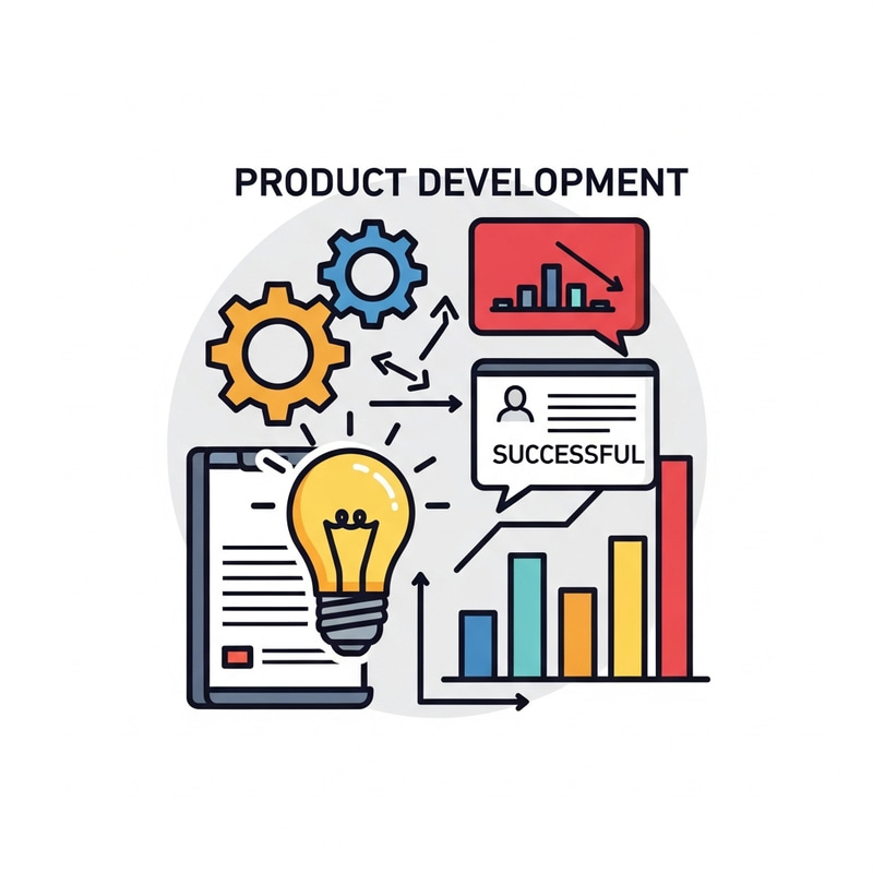 Product Development Icon: Gear Symbol, Light Bulb, Bar Graph Product Development Icon: Gear Symbol, Light Bulb, Bar Graph