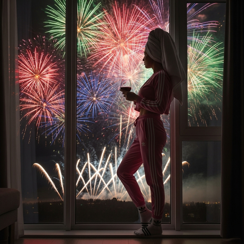 Woman in Pink Tracksuit at Window with Wine Glass and Fireworks Woman in Pink Tracksuit at Window with Wine Glass and Fireworks