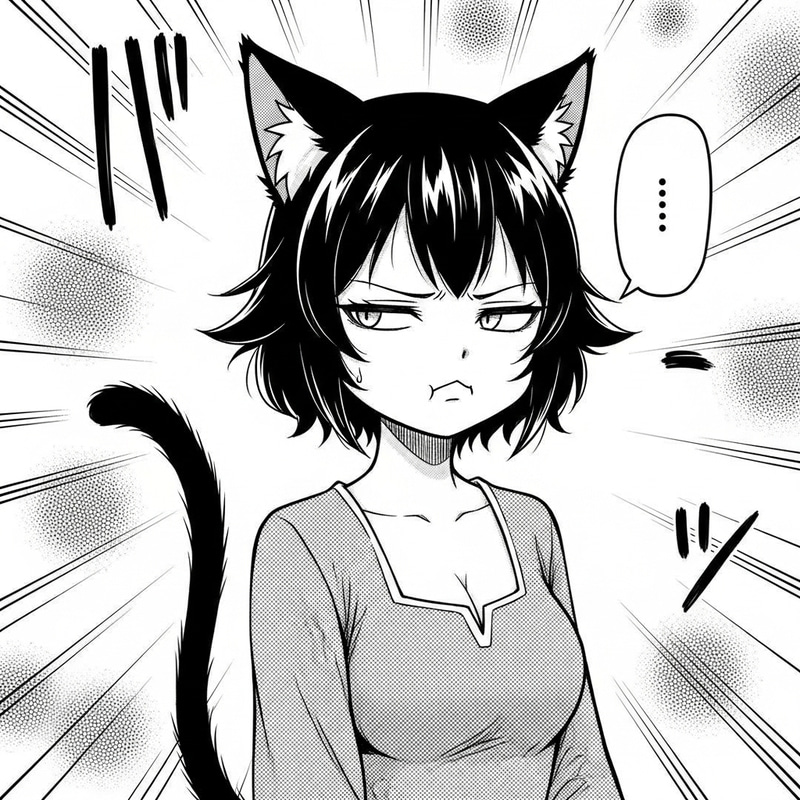 Black and White Manga Drawing of Catgirl with Short Black Hair and Pouty Expression Black and White Manga Drawing of Catgirl with Short Black Hair and Pouty Expression