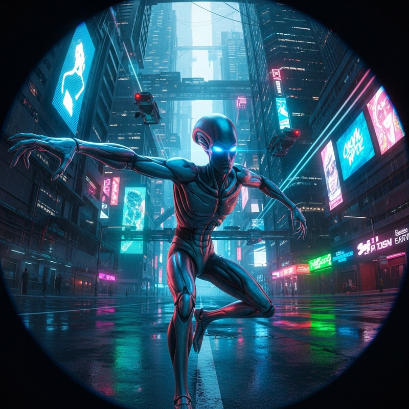 Otherworldly Alien with Glowing Eyes in Neon Cyberpunk Cityscape Otherworldly Alien with Glowing Eyes in Neon Cyberpunk Cityscape