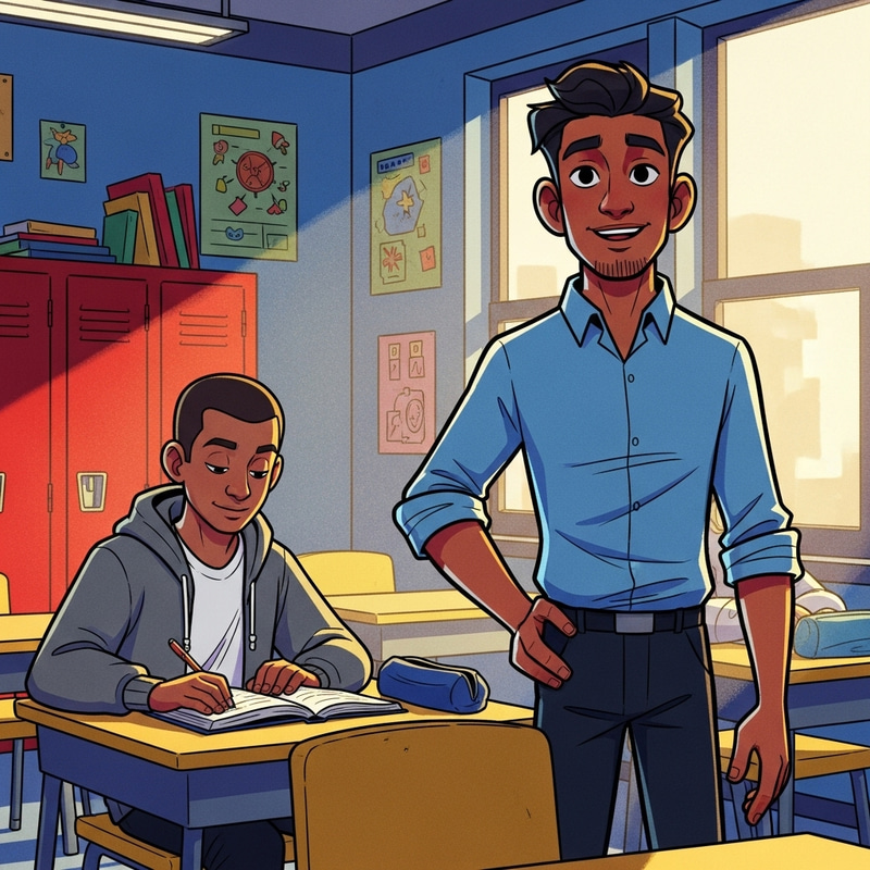 Engaging School Scene: Handsome Teacher with Patient Patient in Classroom Engaging School Scene: Handsome Teacher with Patient Patient in Classroom