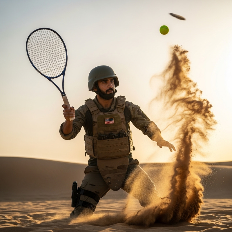Soldier Deflects Projectile with Tennis Racket in Desert Soldier Deflects Projectile with Tennis Racket in Desert