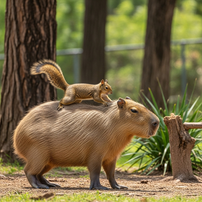 Capybara Playfully Engages with Squirrel in Wild Interaction