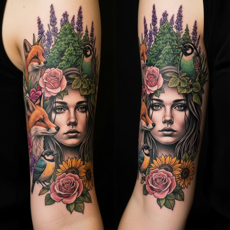 Nature-Themed Arm Tattoo with Animals, Flowers & Tranquil Visage