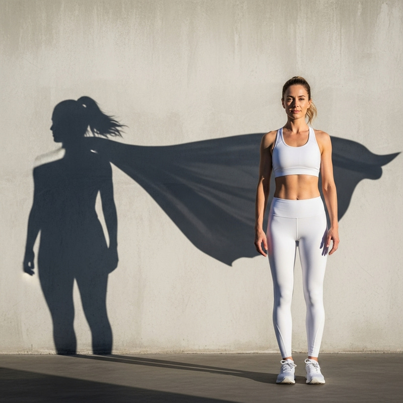 Woman Wearing White Sports Apparel Stands with Superman Cape Shadow Woman Wearing White Sports Apparel Stands with Superman Cape Shadow