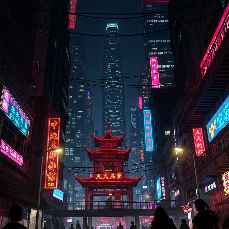 Cyberpunk Chinatown Night Cityscape with Neon Lights Cyberpunk Chinatown Night Cityscape with Neon Lights